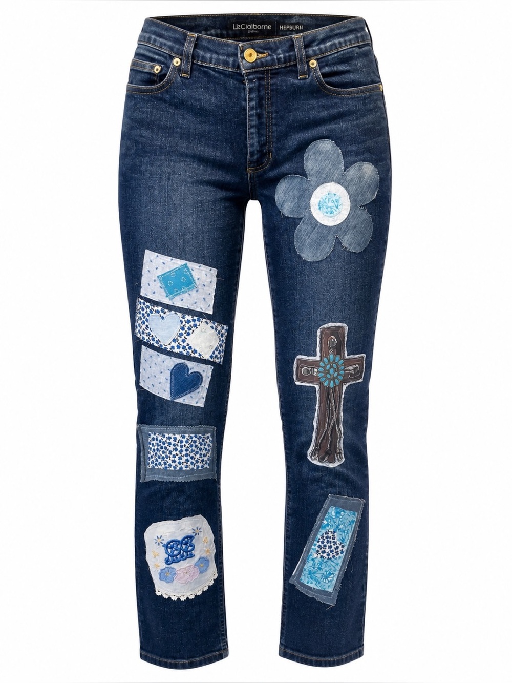 Embellished Dark Blue Women's Patchwork Jeans